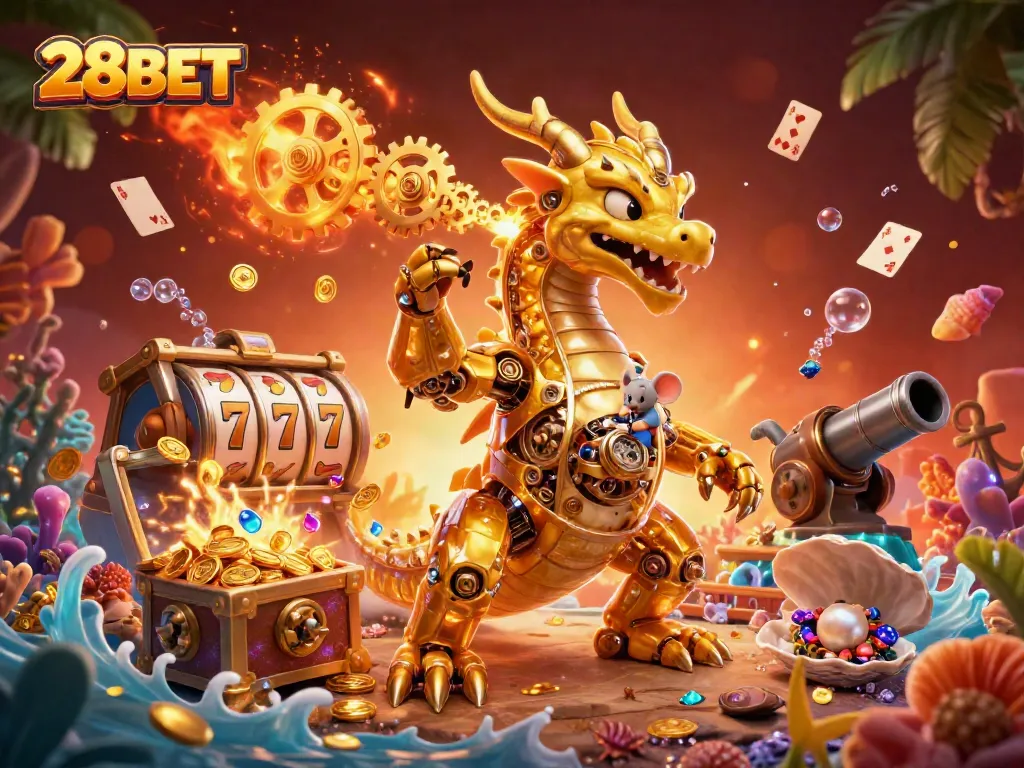 Play slots and win big with 28BET in this vibrant casino-themed scene.
