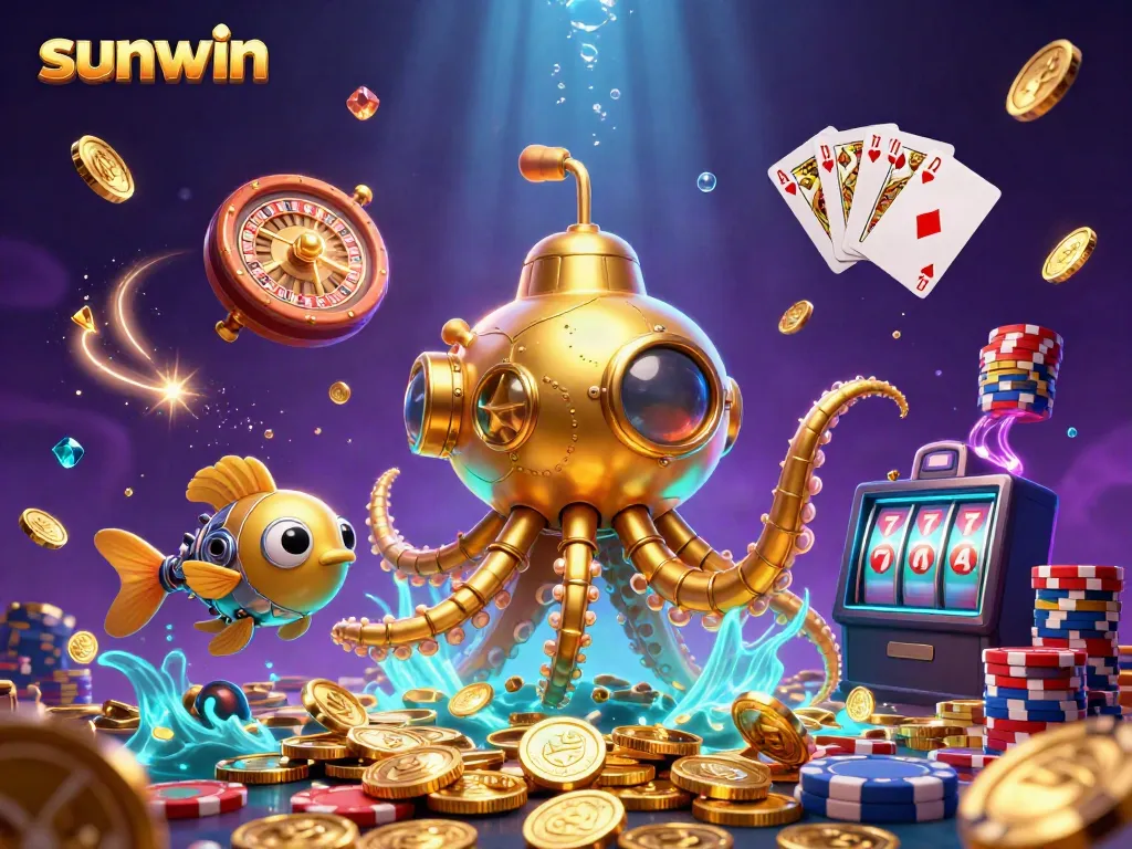 Experience thrilling gameplay with sunwin, featuring a vibrant scene of a golden kraken amidst casino elements.