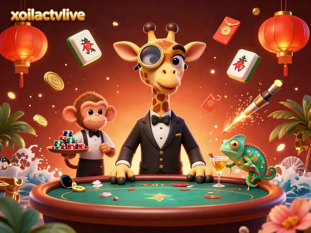 Experience the thrill of gambling with xoilactvlive, featuring vibrant characters at a dynamic casino scene.