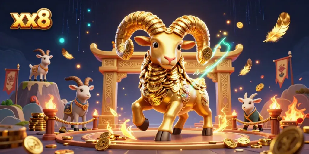 Engage with the exhilarating xx8 online casino adventure featuring a golden ram amidst a vibrant gambling arena.