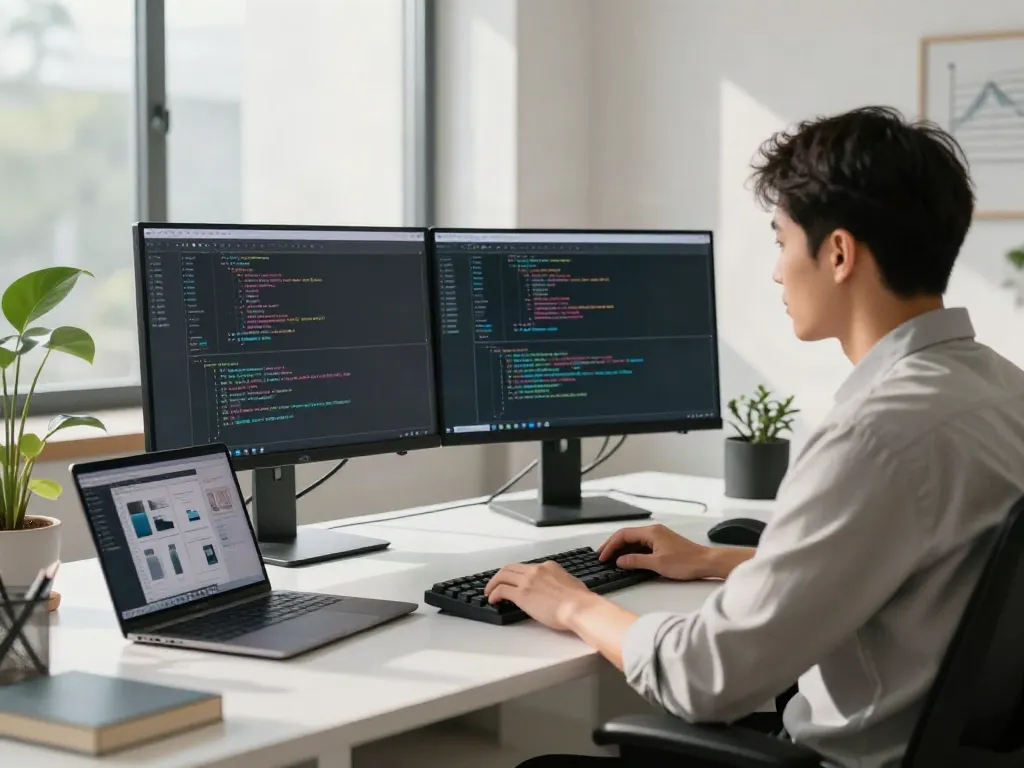 Developer coding on dual monitors in a bright office with brave浏览器 interface.