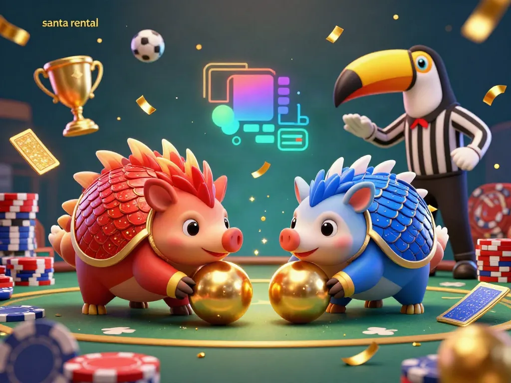 Rival pangolins engage in a festive game while rolling golden balls, capturing the essence of santa rental.