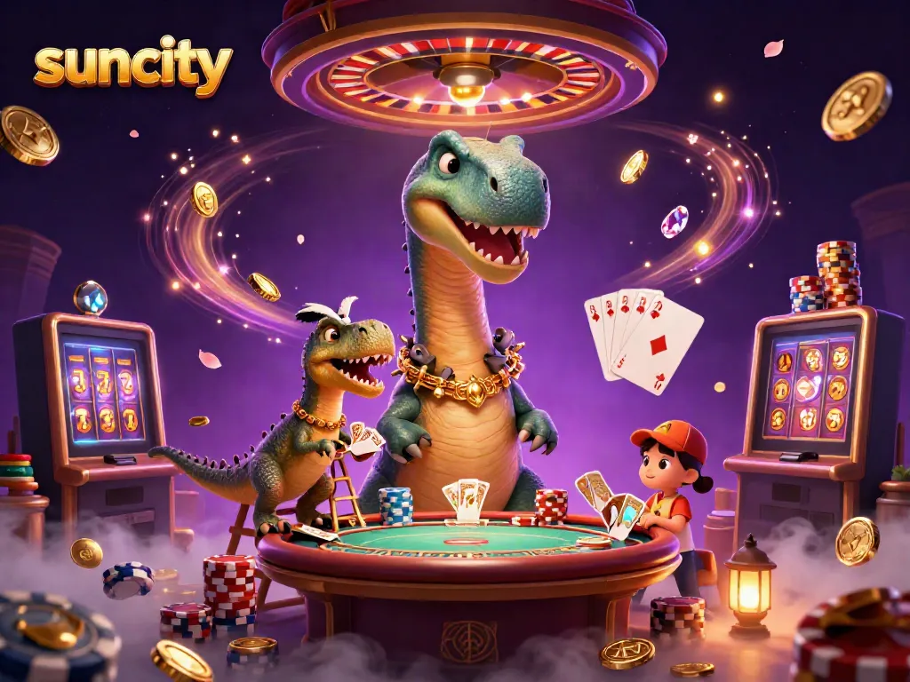 Experience the vibrant suncity casino ambiance with a playful brontosaurus and raptor dealer.