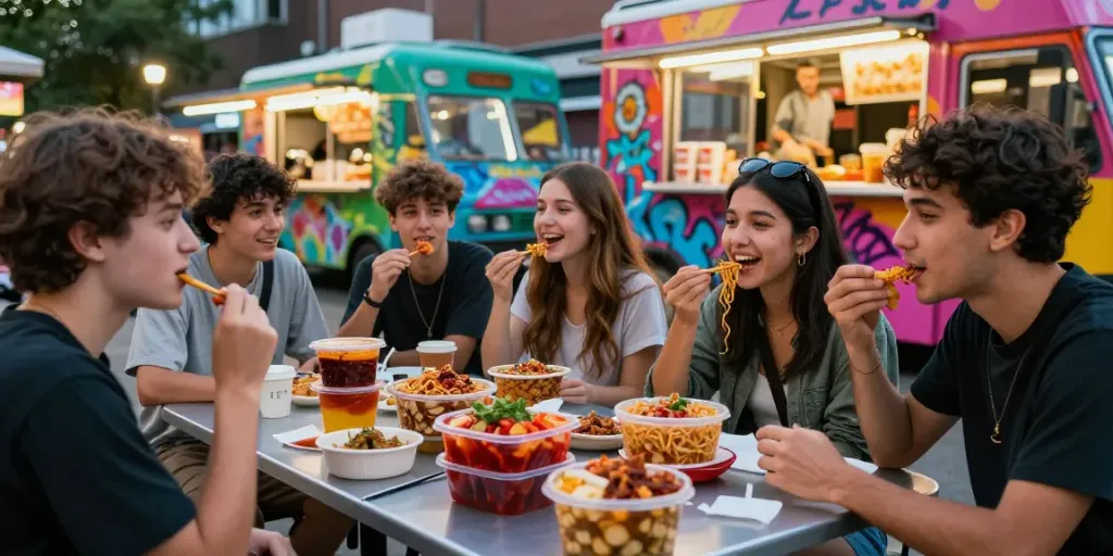 Delicious rokok88 alternatif street food experience with millennials enjoying trendy dishes.