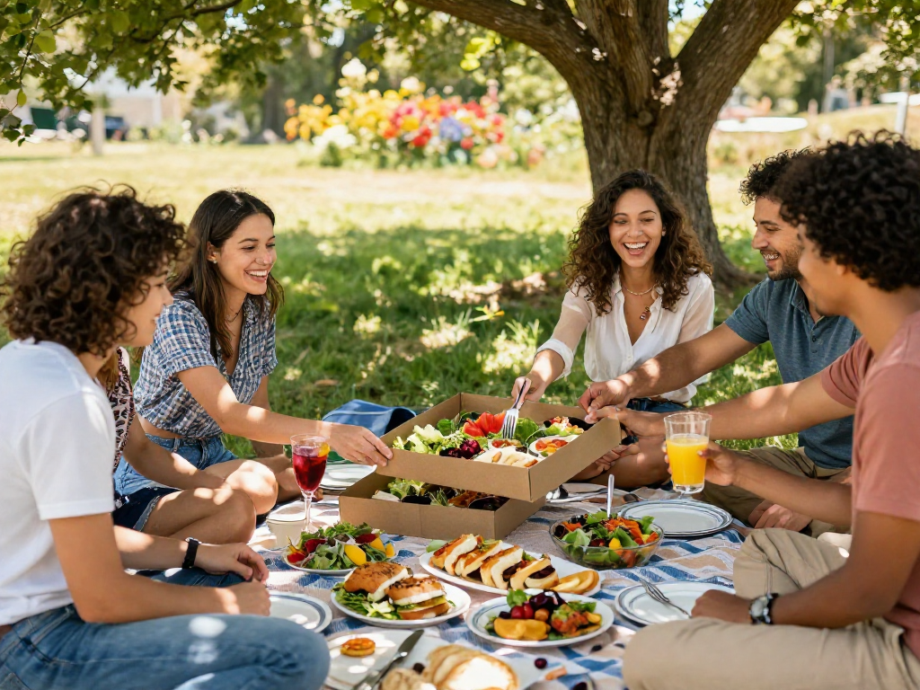 Enjoying a gourmet food box with friends while discussing slot88 experiences in a sunlit outdoor picnic.