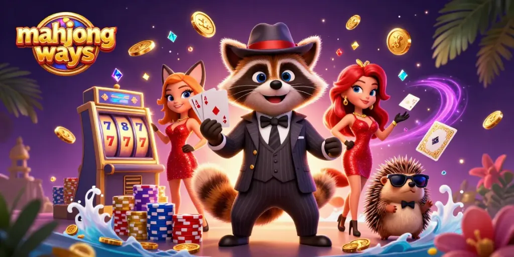 Experience mahjong ways with a suave raccoon and friends winning big in a dynamic casino scene.