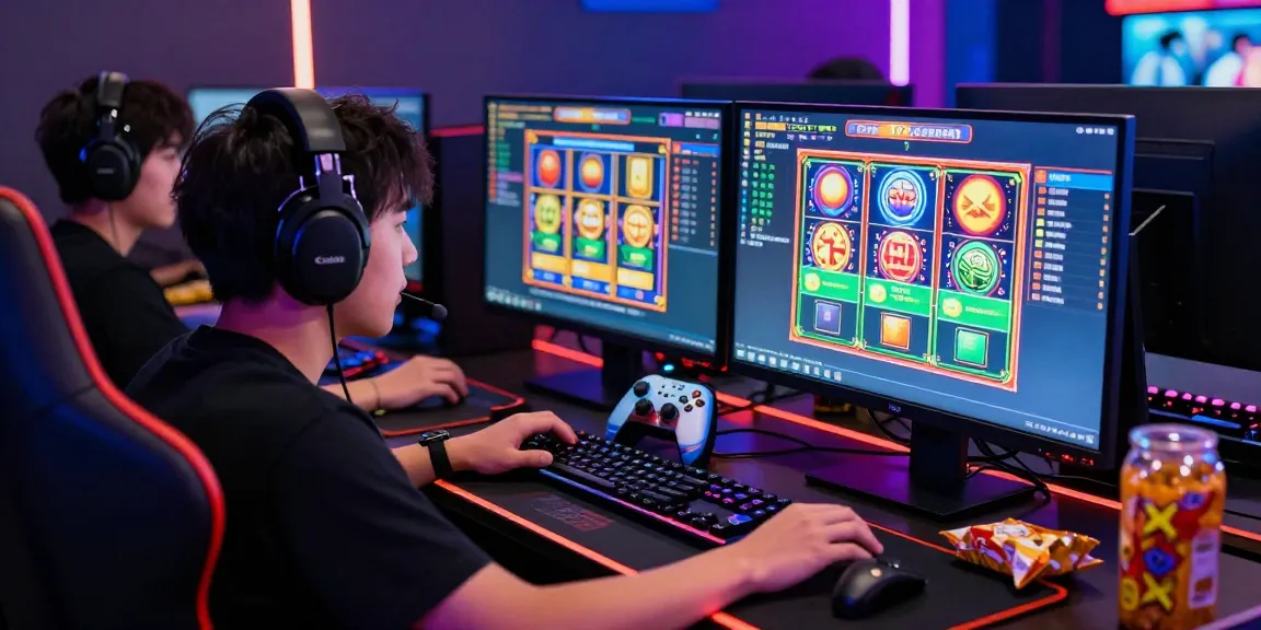 Gamer immersed in situs slot77 action at dual-screen setup with vibrant slot game graphics and competitive atmosphere.