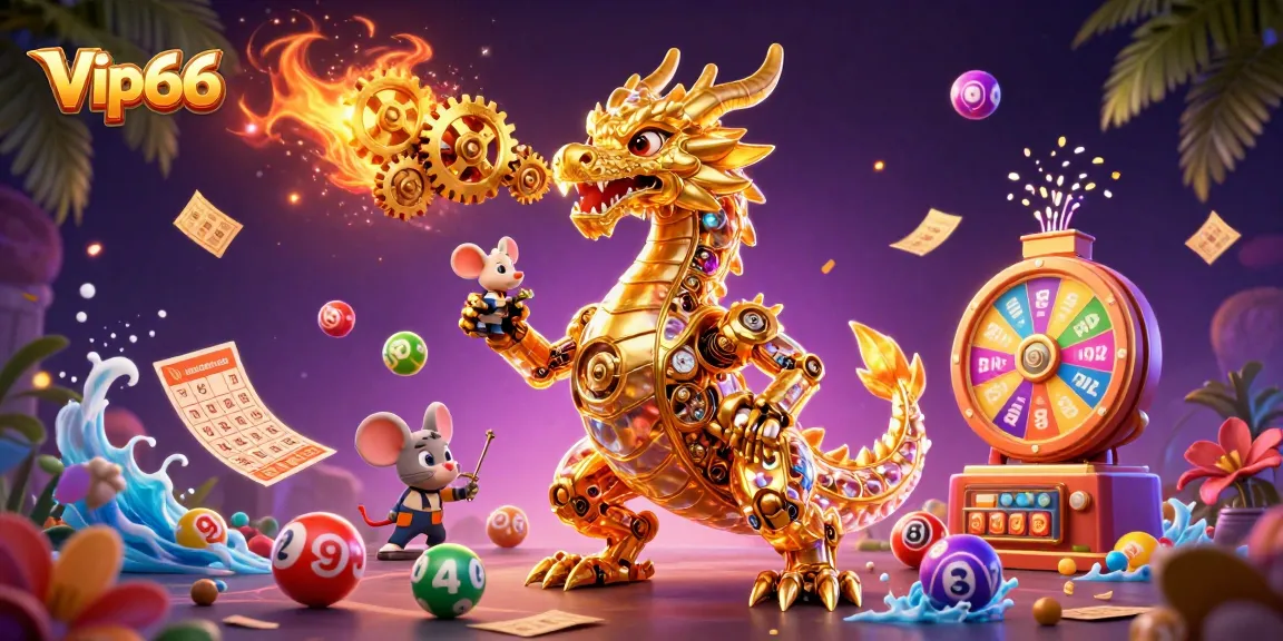 Experience the vibrant gambling action at Vip66 with colorful, dynamic elements and engaging characters in this 3D casino illustration.