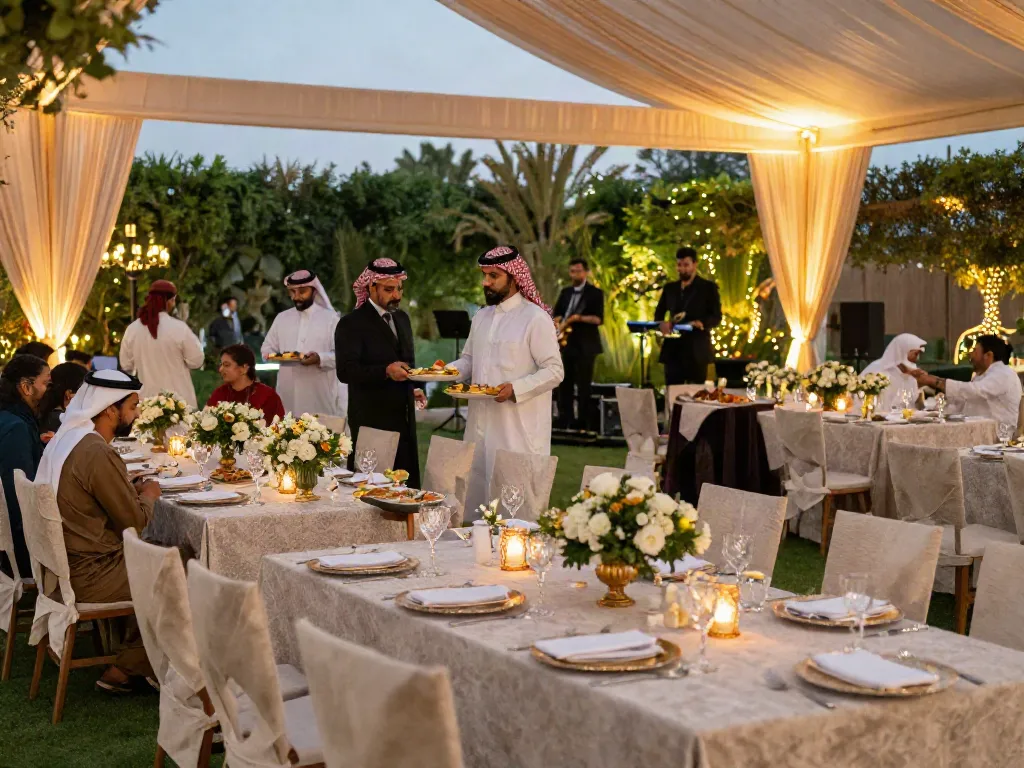 Elegant wedding event rentals under a grand tent in Saudi Arabia, featuring beautiful decor and glowing ambiance.