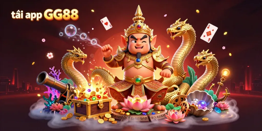 Engage with the vibrant scenes of tải app GG88 featuring a friendly yaksha guardian amidst treasures and gaming elements.
