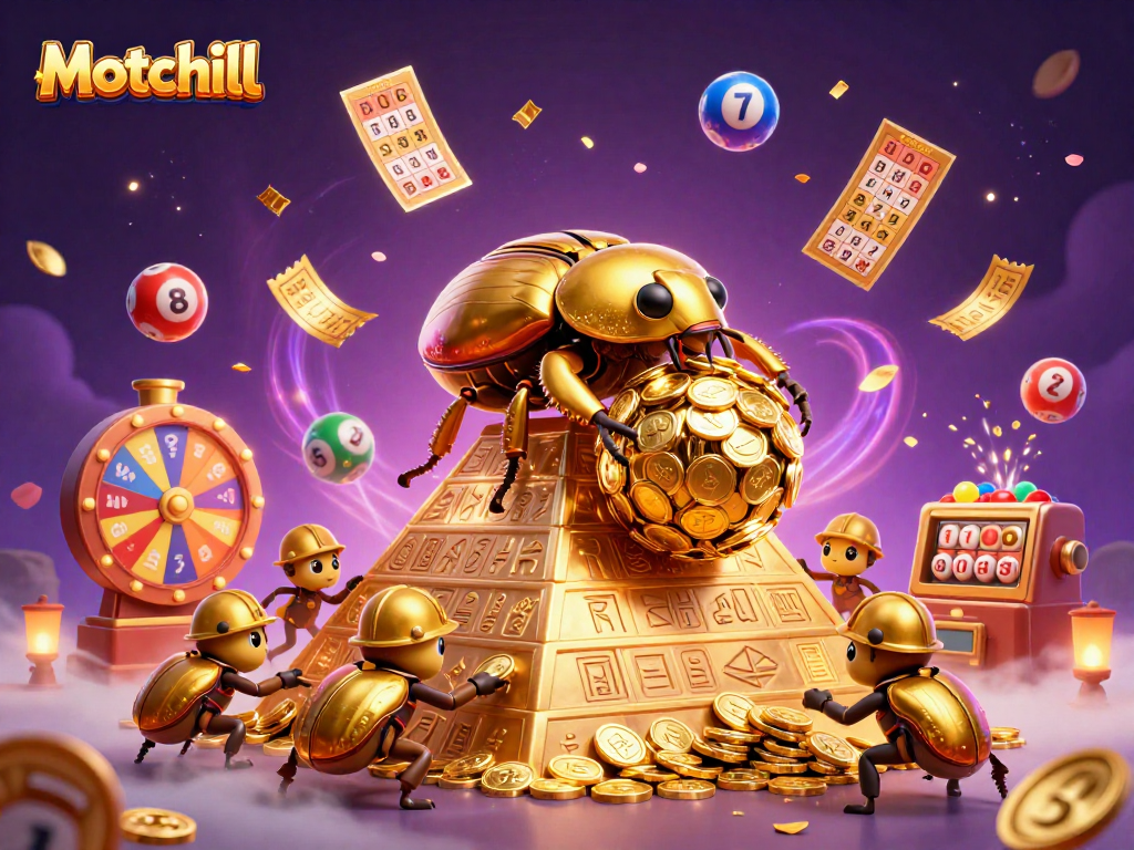 Bet big with Motchill's dynamic lottery scene featuring vibrant numbers and golden coins raining down.