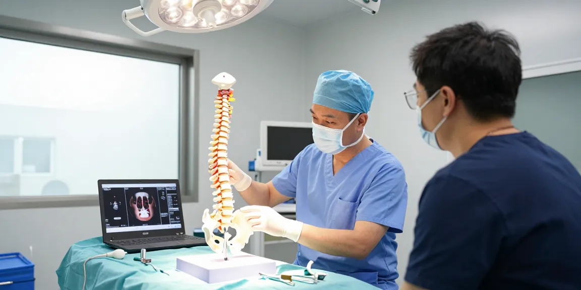 Comprehensive consultation on boyun fıtığı ameliyatı between a spine surgeon and a patient in a surgical room.