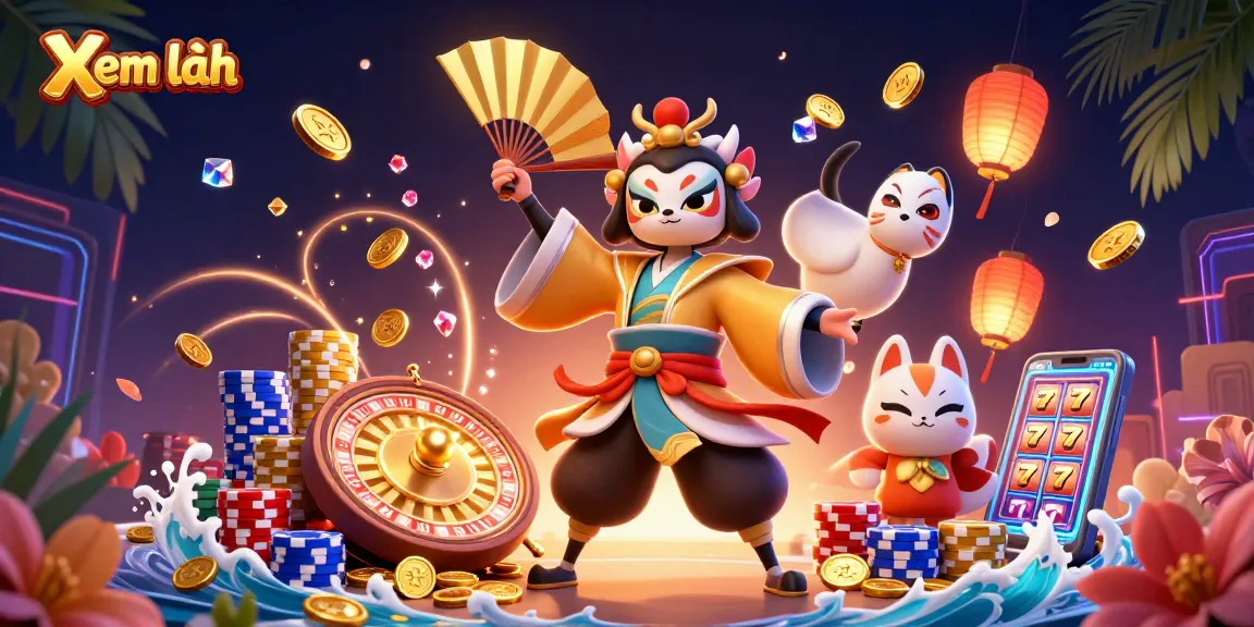 Xem thêm reveals a vibrant scene with kabuki characters and casino elements in motion.