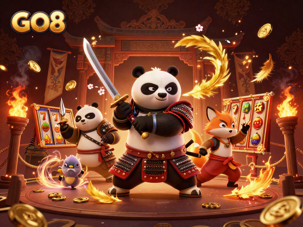 Engage in the GO8 casino experience with a dynamic 3D samurai panda, ninja fox, and tanuki illustration.