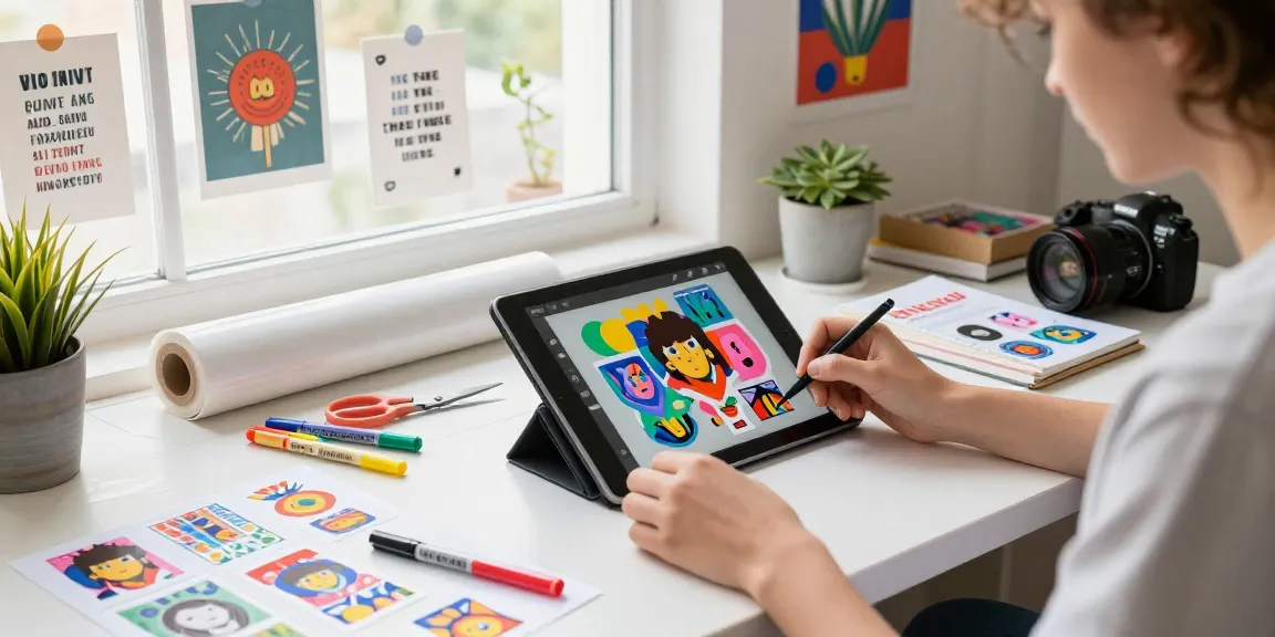 Artist designing custom stickers in a bright workspace with vibrant materials and natural light.