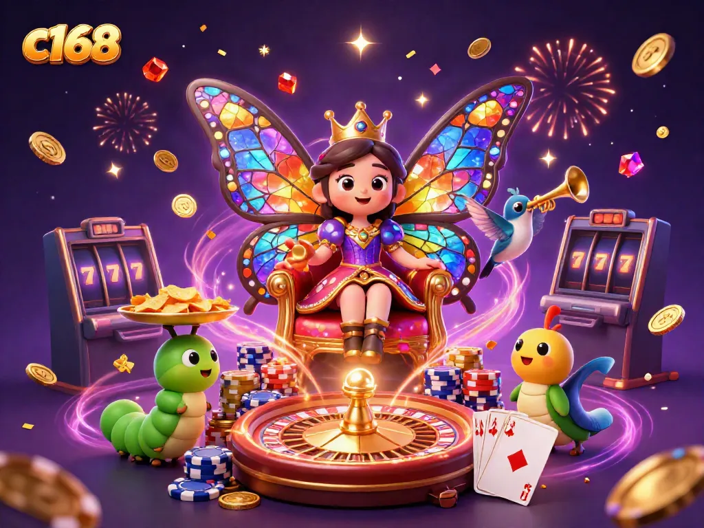 Engage in thrilling games at c168 with vibrant casino elements including a butterfly queen and golden coins.