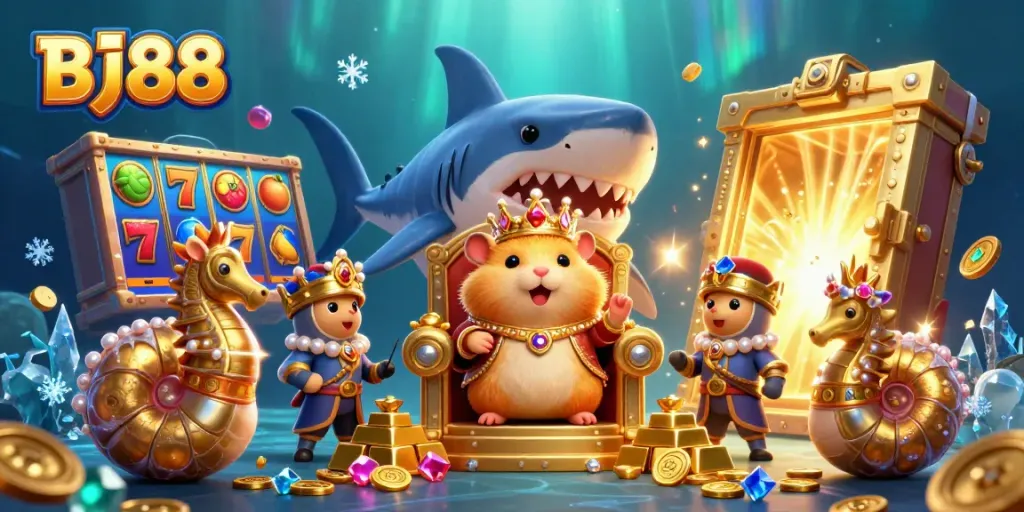 Engage in thrilling gaming adventures with BJ88's captivating casino illustration featuring vibrant elements.