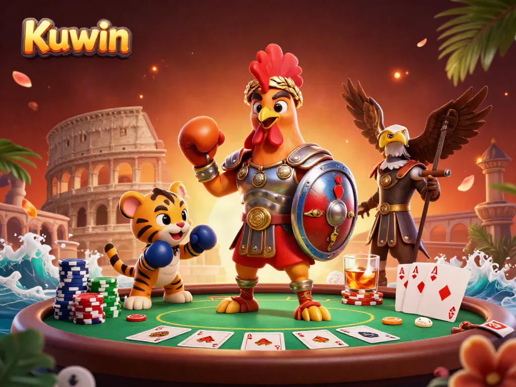 Kuwin's vibrant and immersive battle scene with a gladiator rooster and poker elements creating excitement.