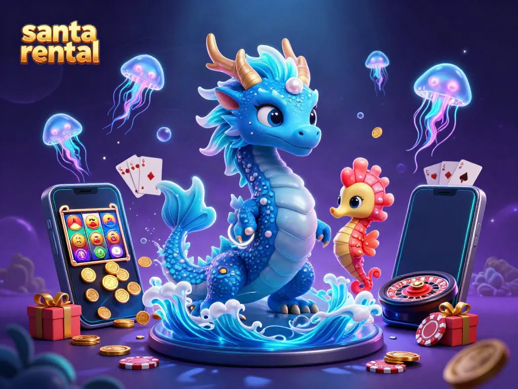 Engage with the magical scene of a majestic azure water dragon and a seahorse knight in rich casino elements, ideal for a santa rental.