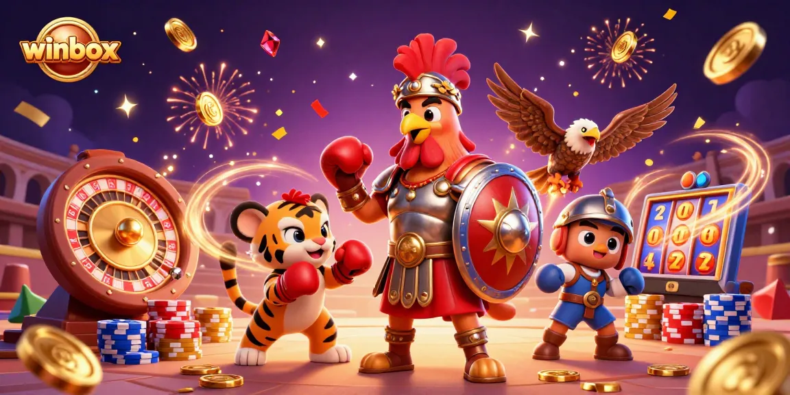 Winbox showcases a lively 3D casino scene with a gladiator rooster and vibrant game elements.