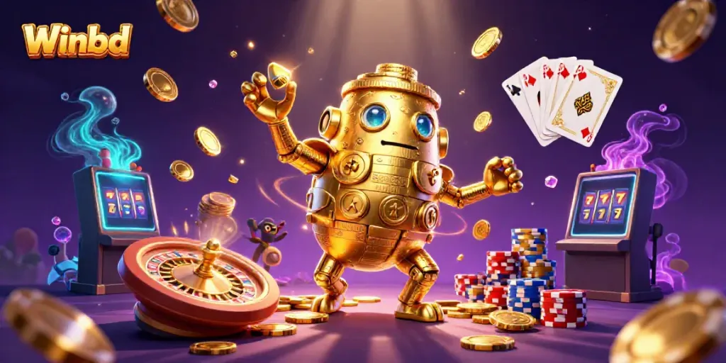 Winbd's dynamic gambling scene showcases golden golem surrounded by coins and games, enticing players.