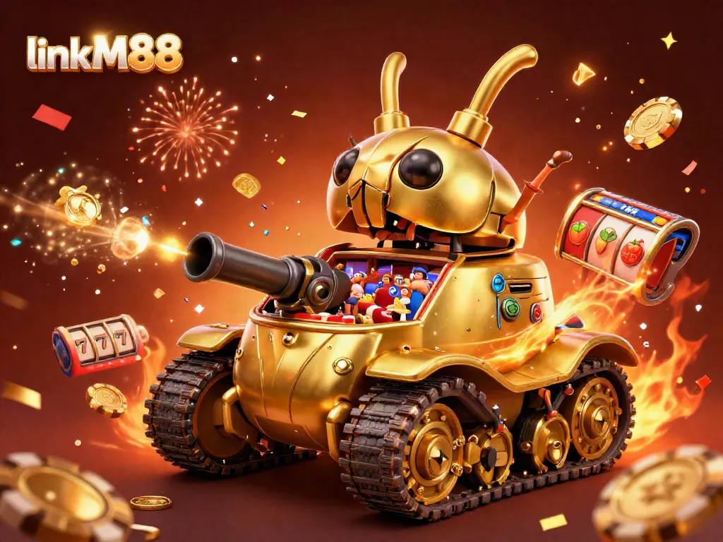 Experience the excitement at link M88’s vibrant casino scene with spinning slot reels and celebration confetti.