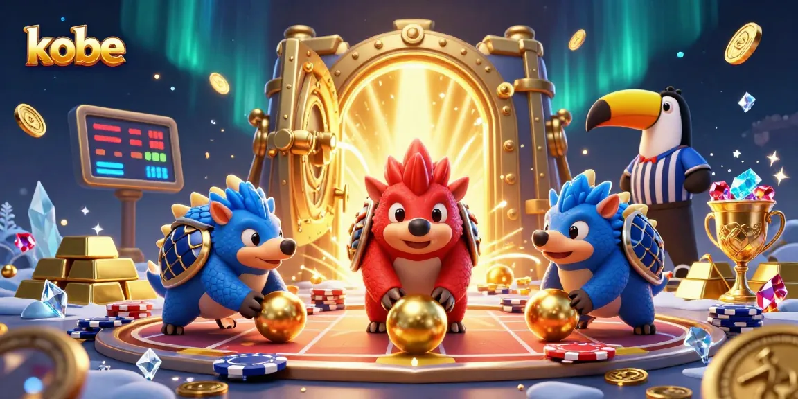 Kobe rival pangolins rolling golden balls at a vibrant gaming scene with poker chips