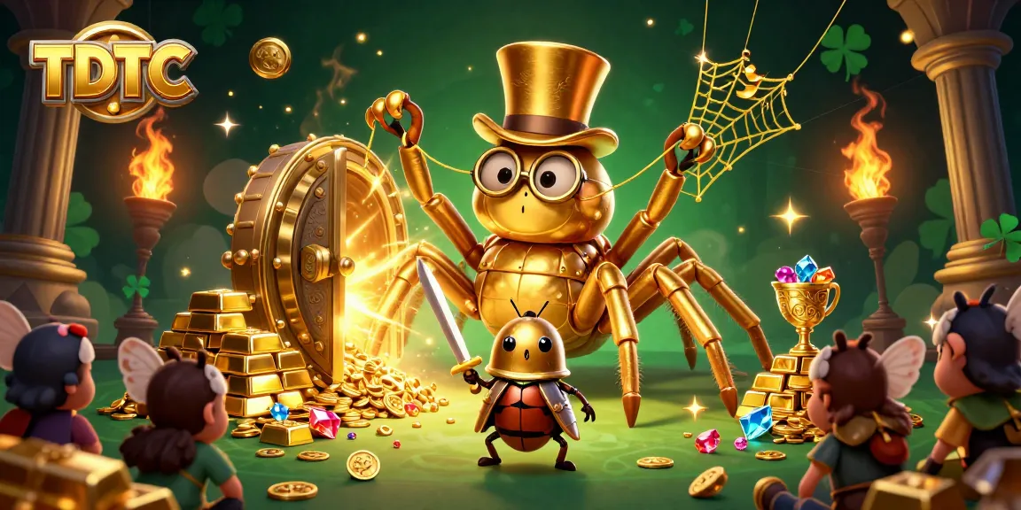 Engage with TDTC's thrilling gameplay featuring a giant golden tarantula and brave beetle knight in a vibrant casino scene.