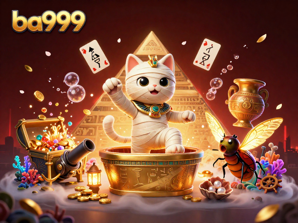 Play slots and games at ba999 in a vibrant pyramid casino with a mummy cat and glowing elements.