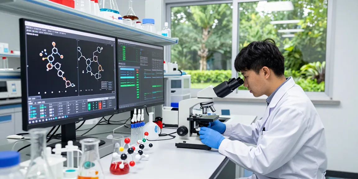 Copper peptide research in a health science lab with a researcher examining compounds under a microscope amidst modern equipment.