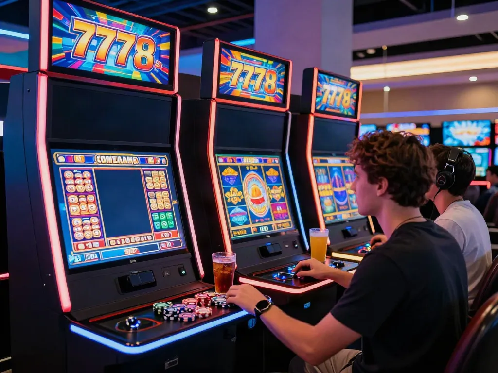 Pengalaman bermain slot777 dengan pemain fokus pada mesin slot yang berwarna-warni, dikelilingi oleh cahaya dan suasana yang ceria.