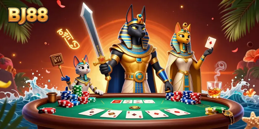 Experience thrilling poker action with BJ88's vibrant 3D illustration of characters and game elements.