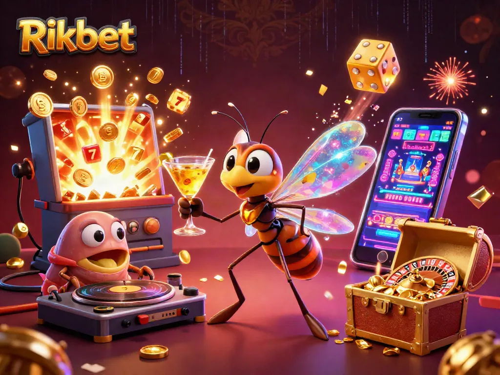 Experience thrill with Rikbet in a vibrant casino scene of coins, games, and smiling characters.