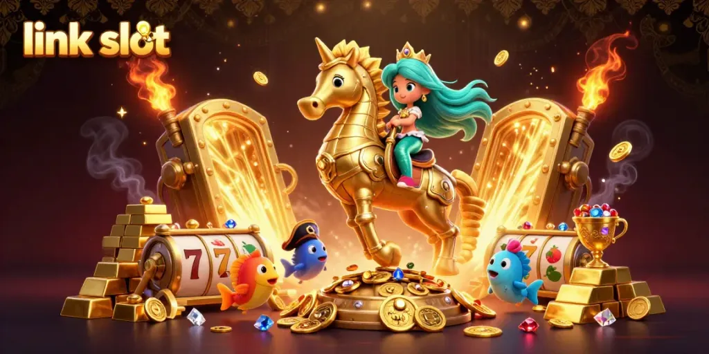 A captivating 3D illustration of a mermaid and giant seahorse amidst treasures, showcasing vibrant link slot themes.