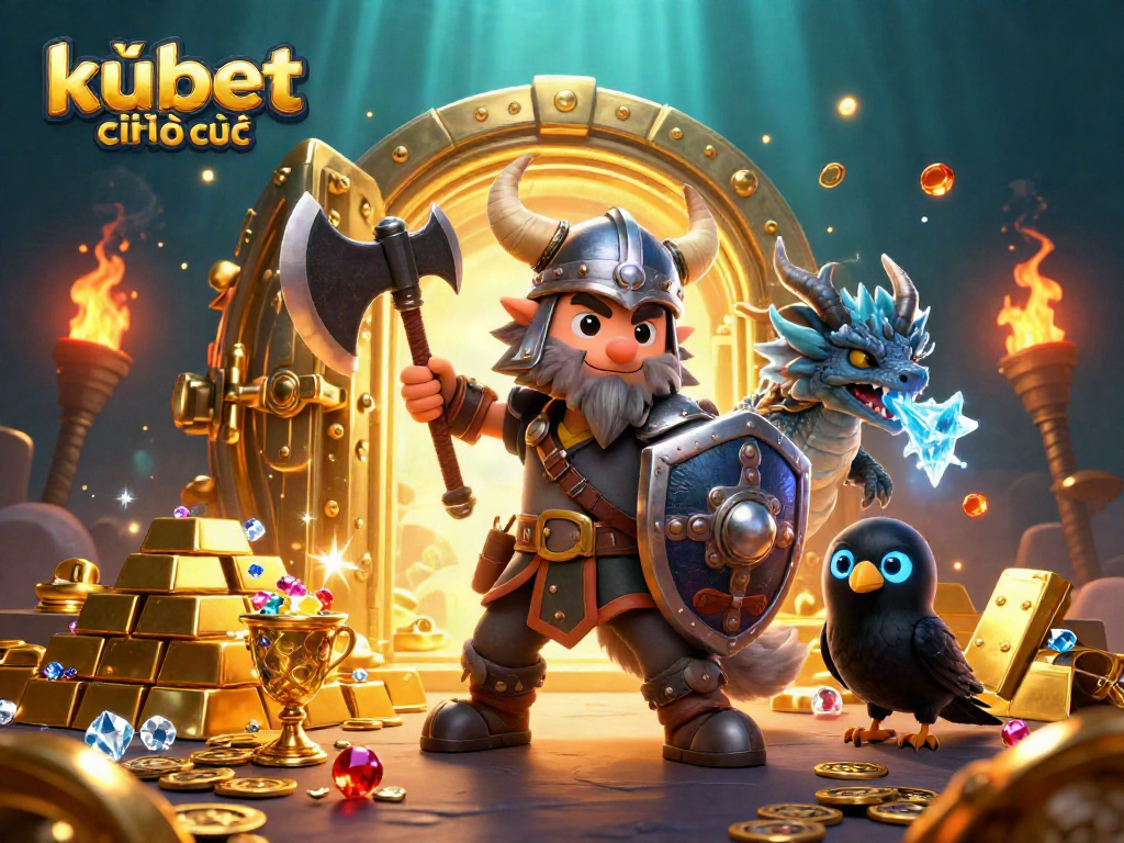 Engaging scene showcasing kubet chính thức with a Viking wolf warrior, dragon, and glowing treasures.