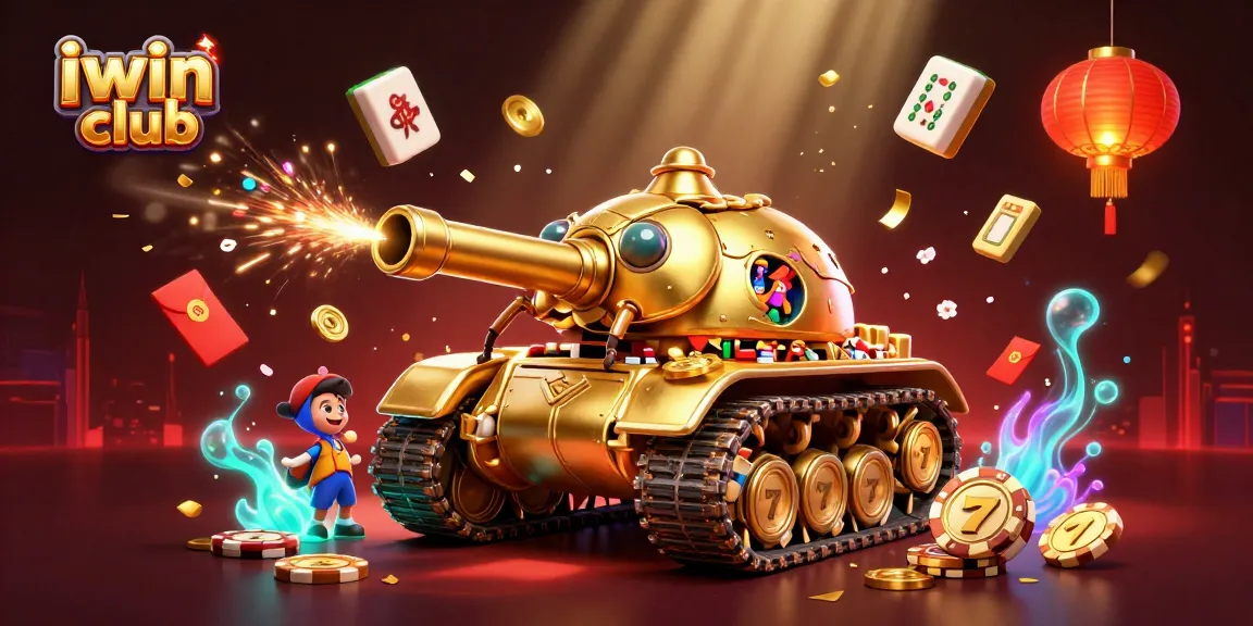 Experience iwin club with a dynamic 3D casino scene featuring a golden beetle tank and energetic gaming elements.