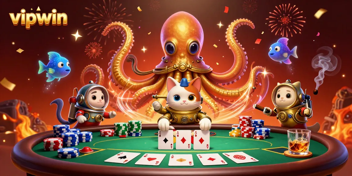 Join the excitement of vipwin with a kraken, diving cat, and vibrant casino elements in a thrilling scene.