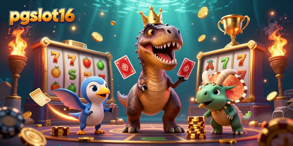 Experience exciting pgslot16 action with a dynamic T-Rex and casino characters in a vibrant 3D scene.