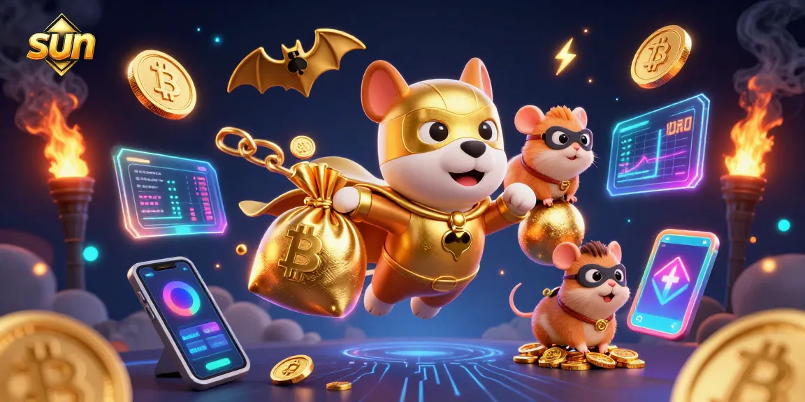 Engage with sun-themed casino action in an exhilarating scene showcasing a superhero dog and hamster.