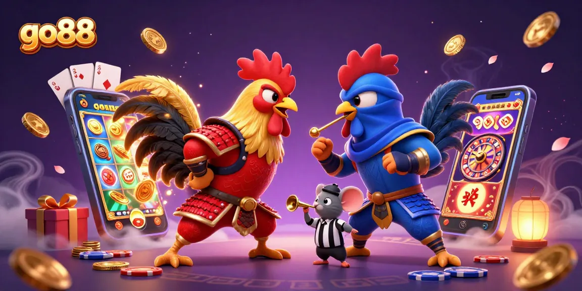 go88 gaming scene showcasing cartoon roosters in battle with casino elements around them