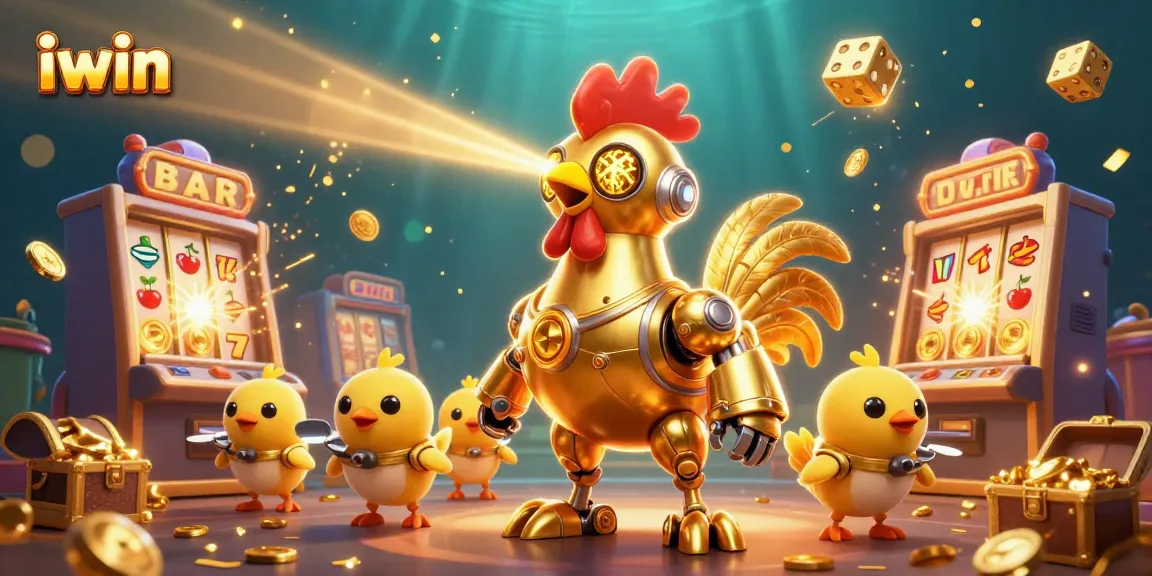 Play exciting iwin casino slots with a thrilling golden rooster robot and colorful jackpot elements!