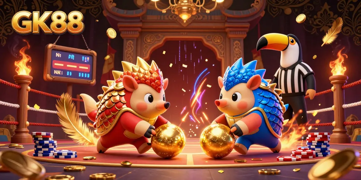Experience GK88 with vibrant pangolins bowling through poker chips in an exciting 3D casino scene