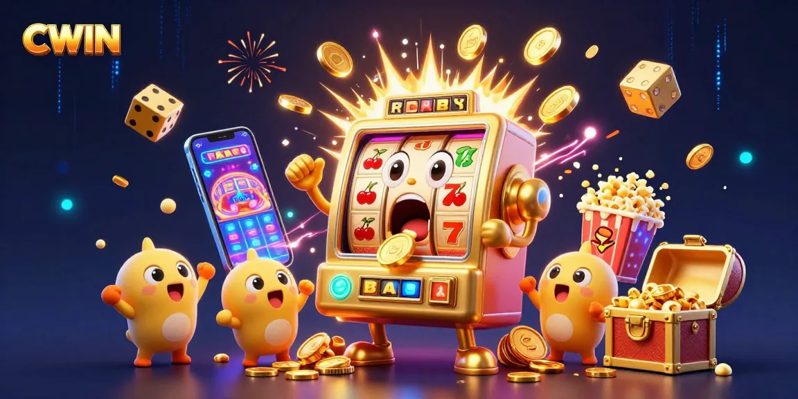 CWIN astonishes as a golden slot machine hits a jackpot, showering coins in a vibrant casino scene.