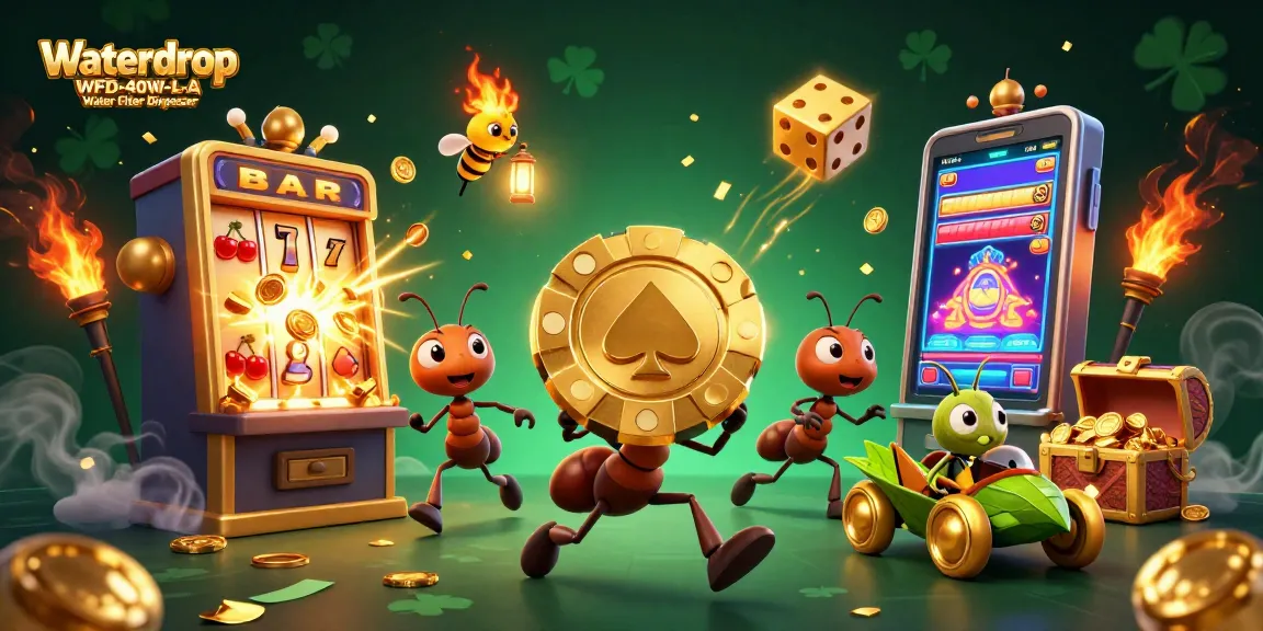 Cute ants racing with a giant golden poker chip beside their getaway grasshopper while Waterdrop WFD-40W-L-A Water Filter Dispenser glimmers in a lively casino scene.