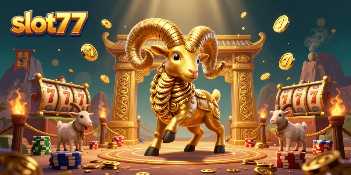 Spin the reels with slot77's vibrant gaming experience amidst golden rams and energetic motifs.