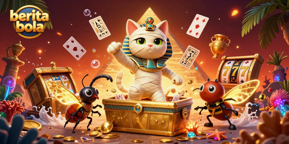 Enjoy thrilling berita bola action with a mummy cat and glowing cards in a casino scene.