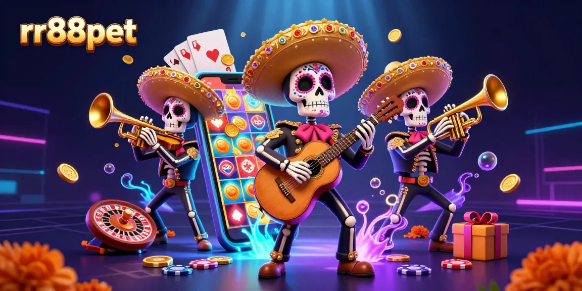 Engage with rr88pet's vibrant Day of the Dead casino scene featuring exciting slot games and dynamic gambling elements.