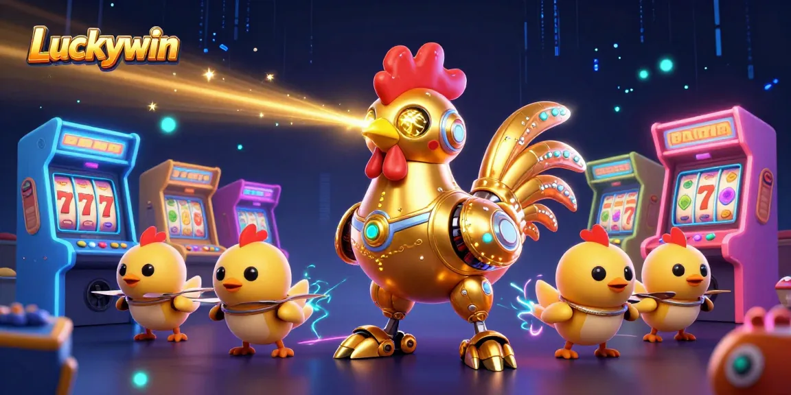 Join the vibrant Luckywin adventure with golden characters and slot machines in an energetic casino scene.