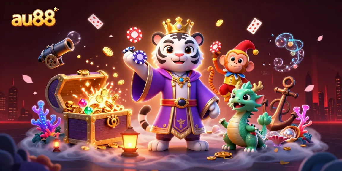 Engage with au88's thrilling casino adventure featuring a tiger, monkey, and dragon amid treasure and cards.