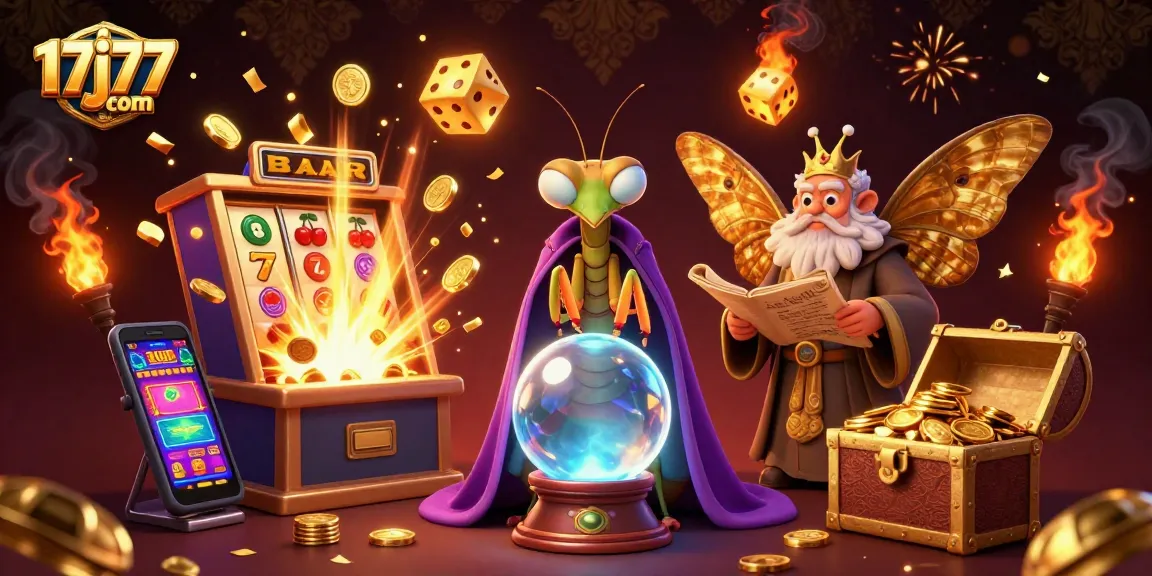 Engage with 17j77 com's magical casino experience through vibrant 3D illustrations showcasing thrilling slot gameplay.